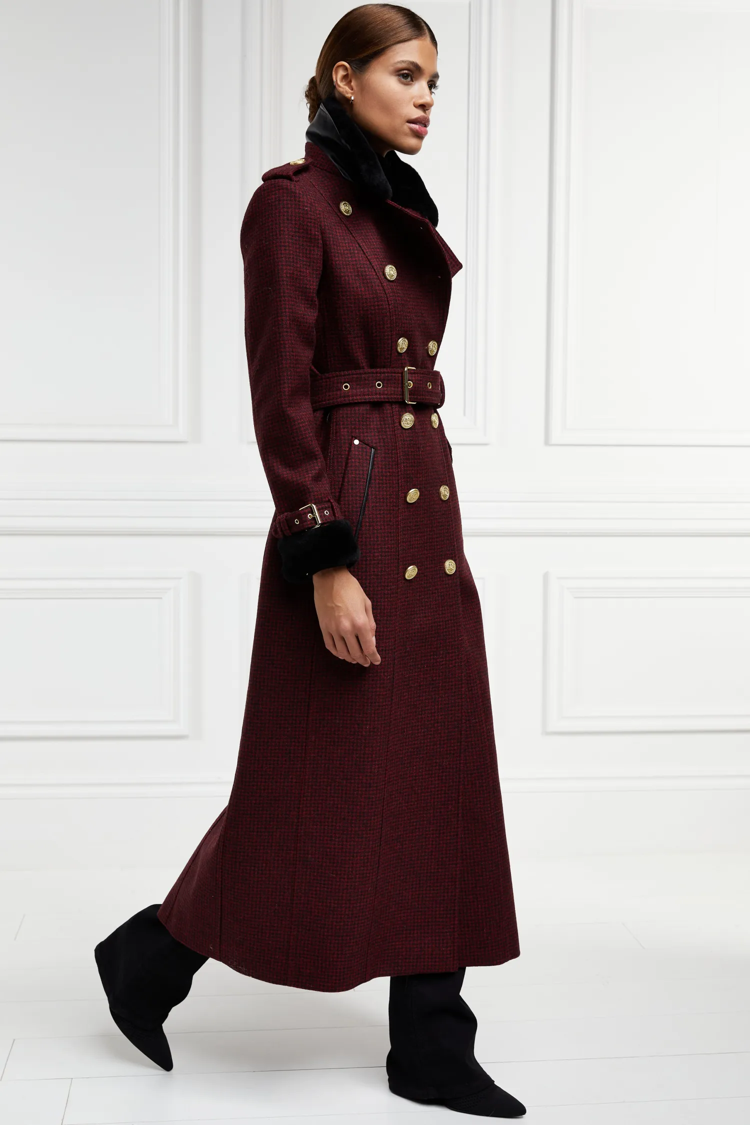 Hot Gold Label Trench (Deep Red Houndstooth) Women Trench Coats|Coats