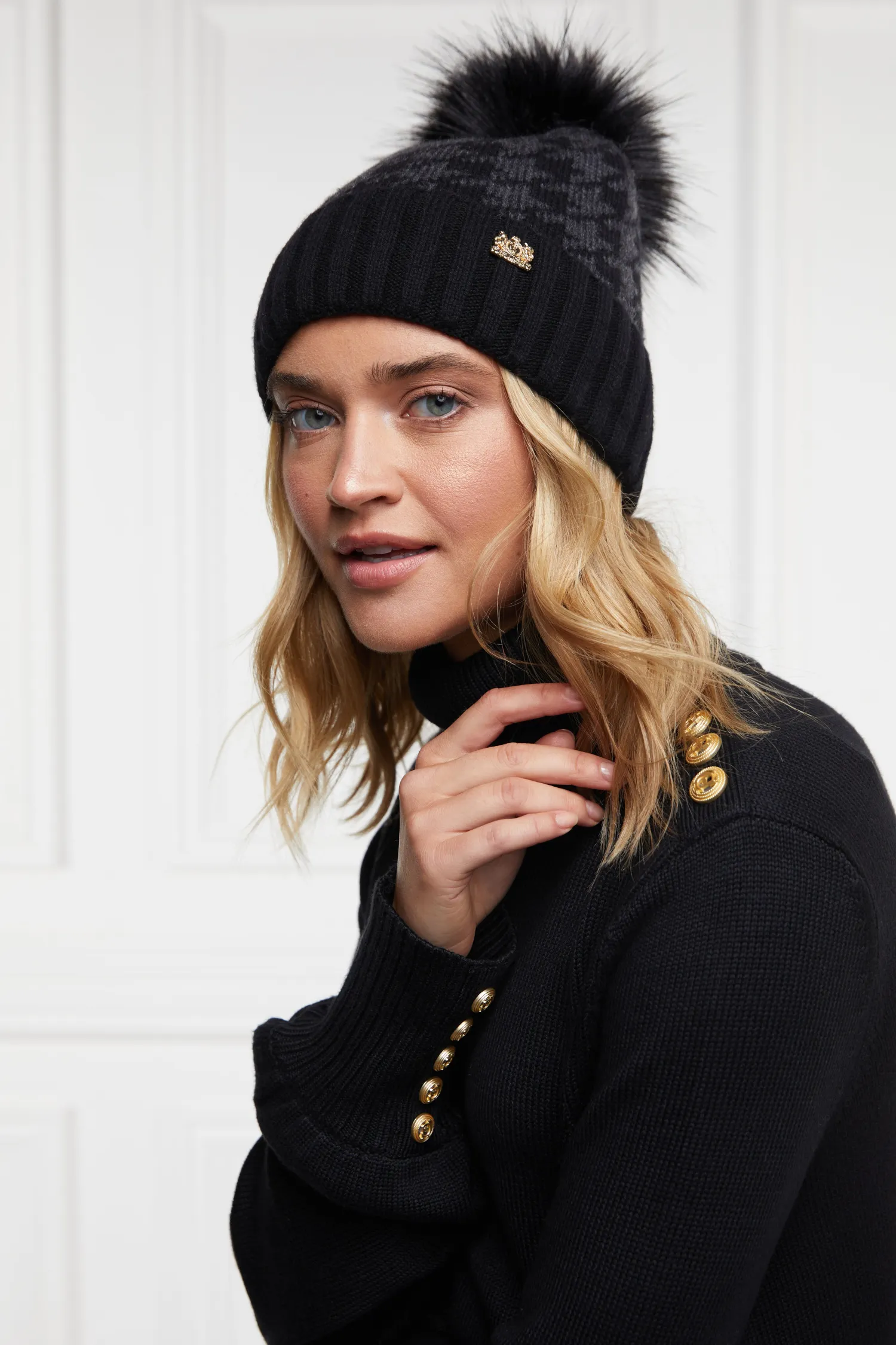 Hot Heritage Bobble Hat (Grey Houndstooth) Women Hats & Headbands|Hats & Headbands