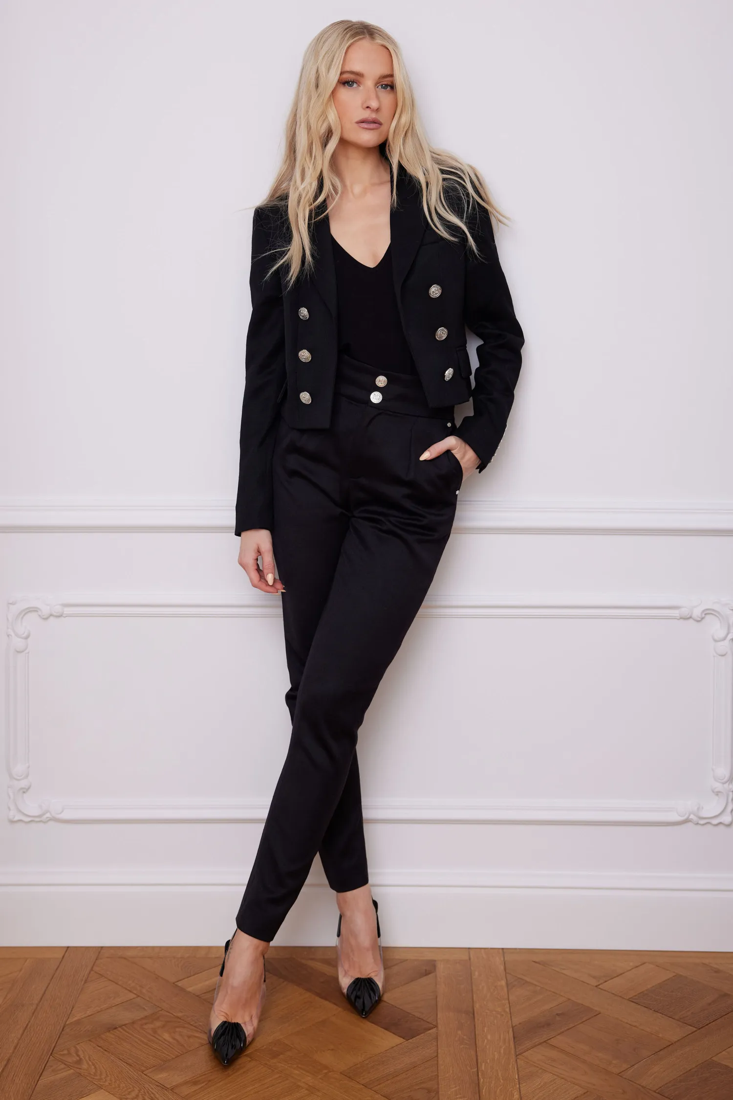 New High Waisted Peg Trouser (Black Barathea Silver) Women Trousers|Tailoring