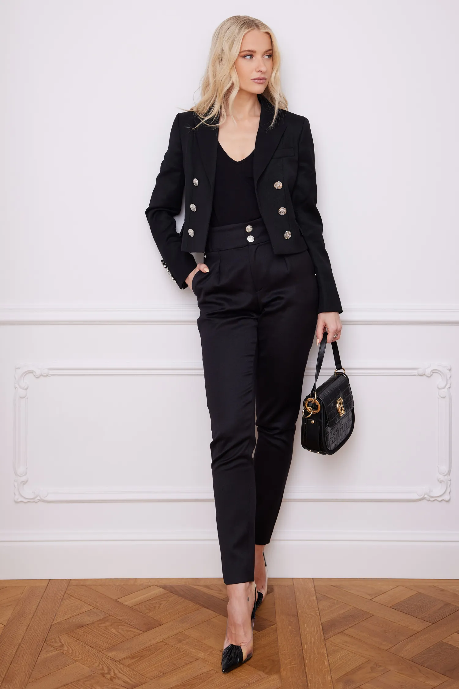 New High Waisted Peg Trouser (Black Barathea Silver) Women Trousers|Tailoring
