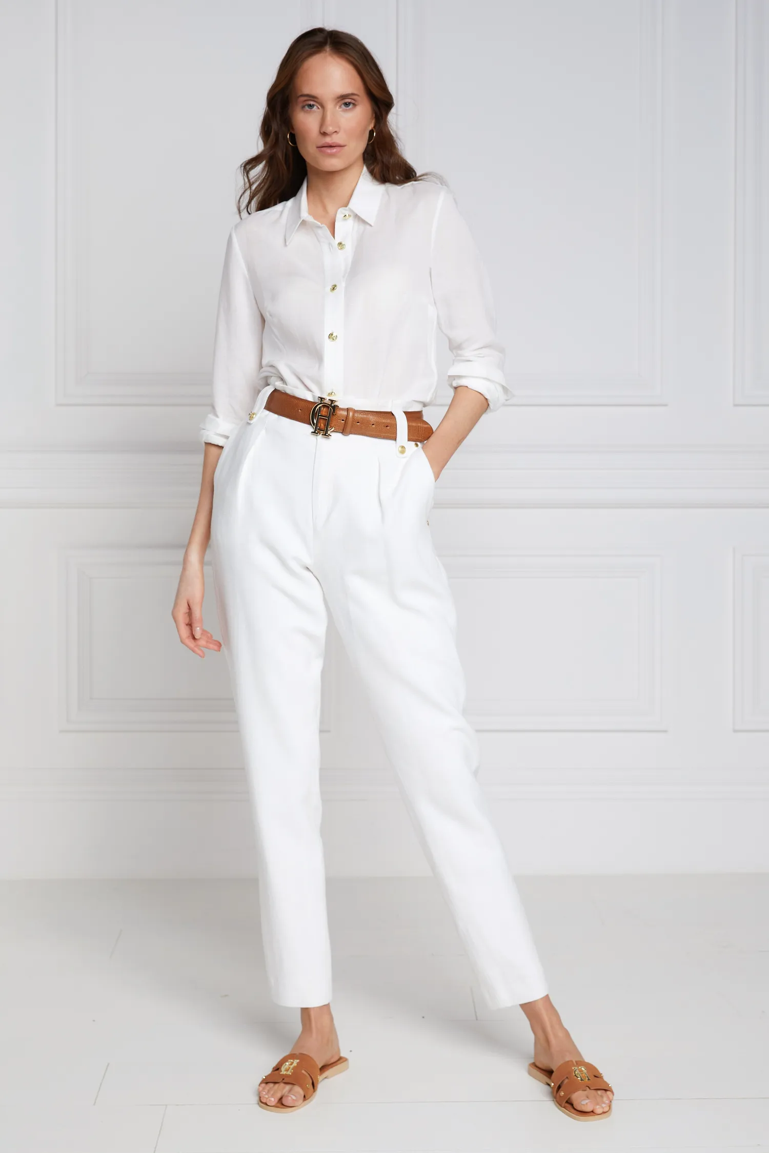Fashion High Waisted Peg Trouser (Oyster Linen) Women Trousers|Tailoring