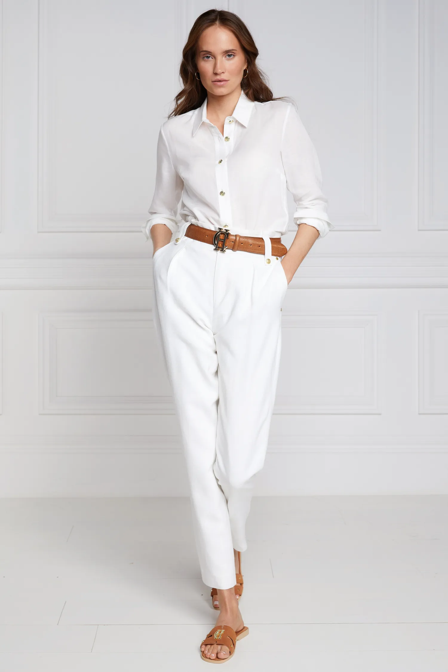 Fashion High Waisted Peg Trouser (Oyster Linen) Women Trousers|Tailoring