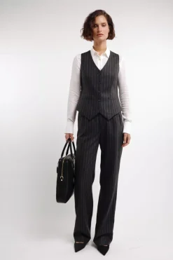 Fashion High Waisted Straight Trouser (Charcoal Pinstripe) Women Trousers|Tailoring