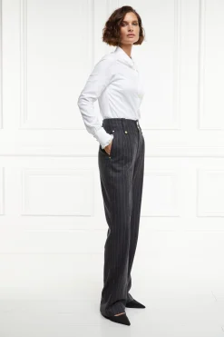 Fashion High Waisted Straight Trouser (Charcoal Pinstripe) Women Trousers|Tailoring