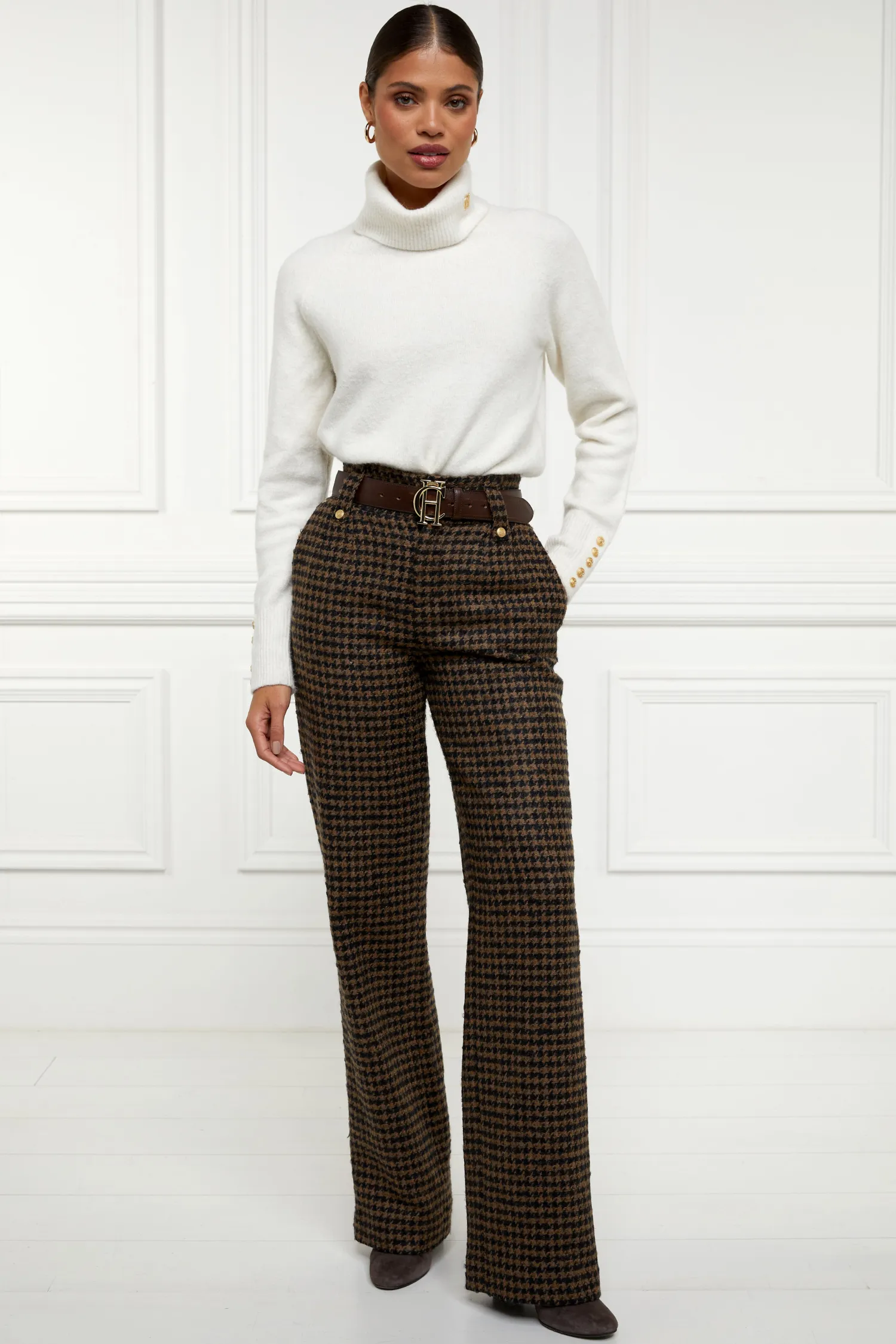 Discount High Waisted Straight Trouser (Chocolate Houndstooth) Women Trousers|Tailoring