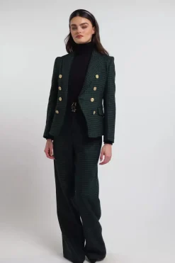 Clearance High Waisted Straight Trouser (Emerald Houndstooth) Women Trousers|Tailoring