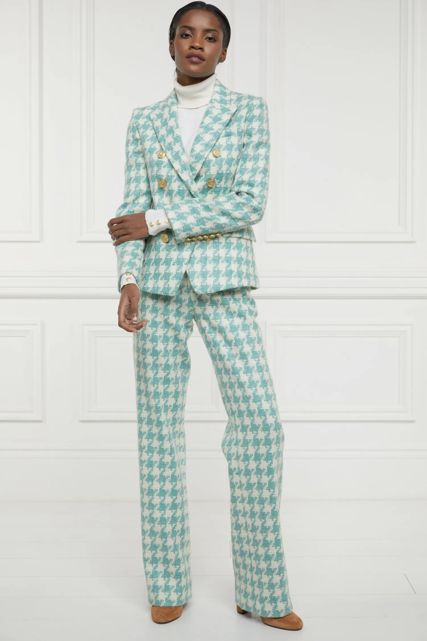 New High Waisted Straight Trouser (Large Scale Teal Houndstooth) Women Trousers|Tailoring