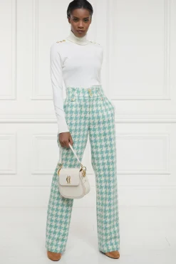 New High Waisted Straight Trouser (Large Scale Teal Houndstooth) Women Trousers|Tailoring