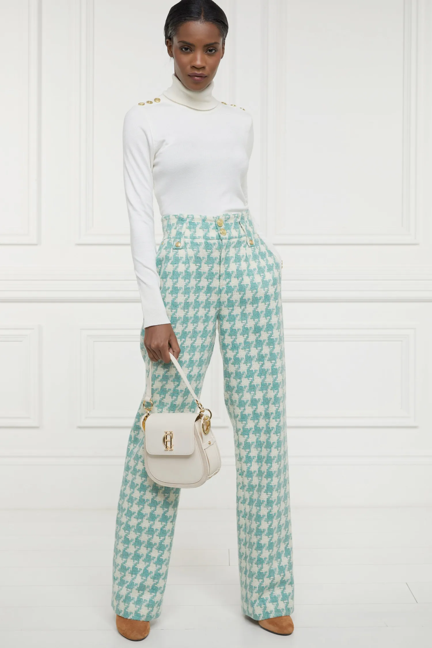 New High Waisted Straight Trouser (Large Scale Teal Houndstooth) Women Trousers|Tailoring