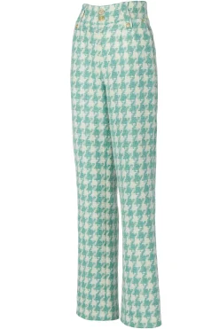 New High Waisted Straight Trouser (Large Scale Teal Houndstooth) Women Trousers|Tailoring