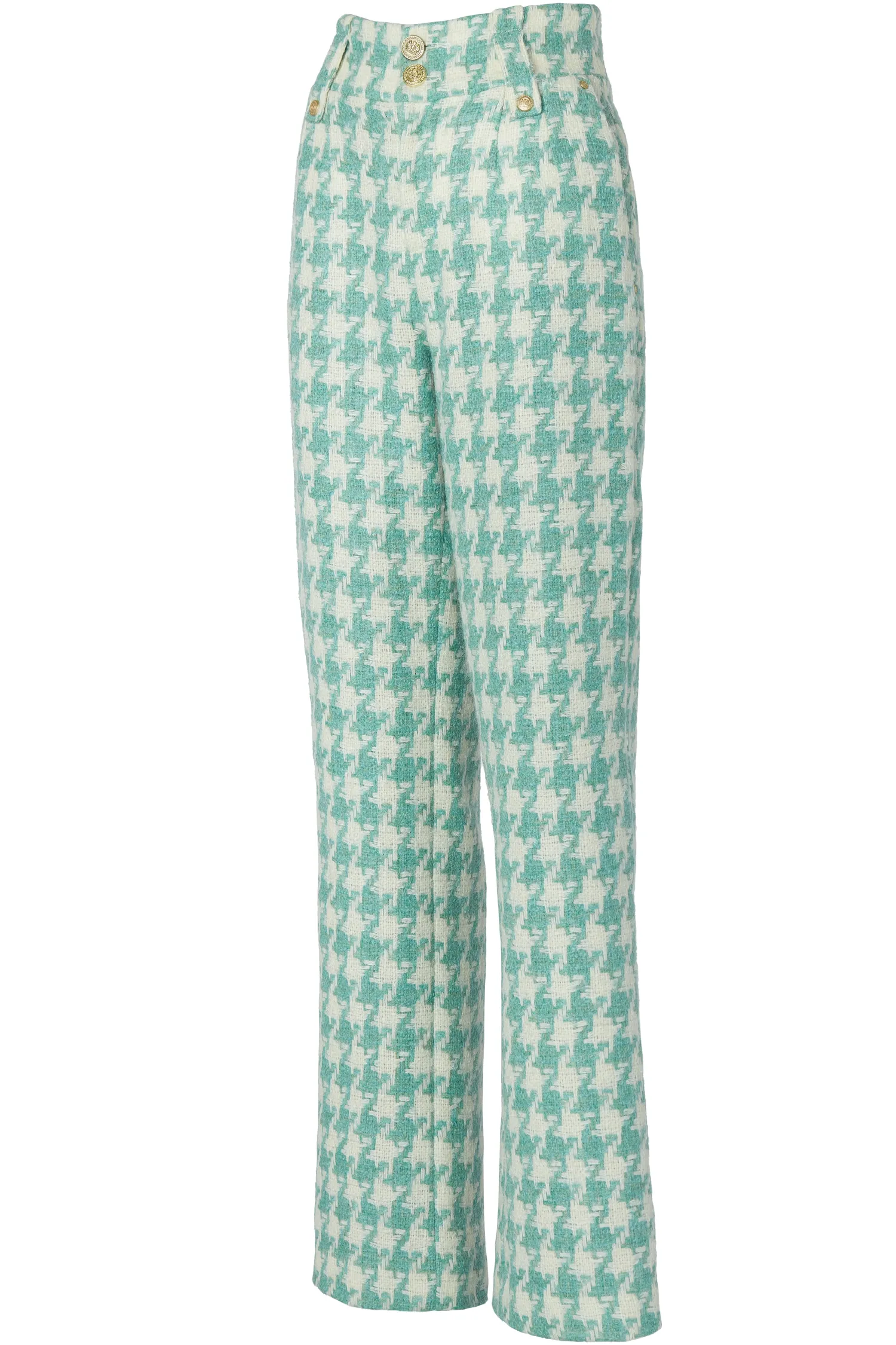 New High Waisted Straight Trouser (Large Scale Teal Houndstooth) Women Trousers|Tailoring