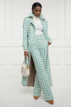 New High Waisted Straight Trouser (Large Scale Teal Houndstooth) Women Trousers|Tailoring