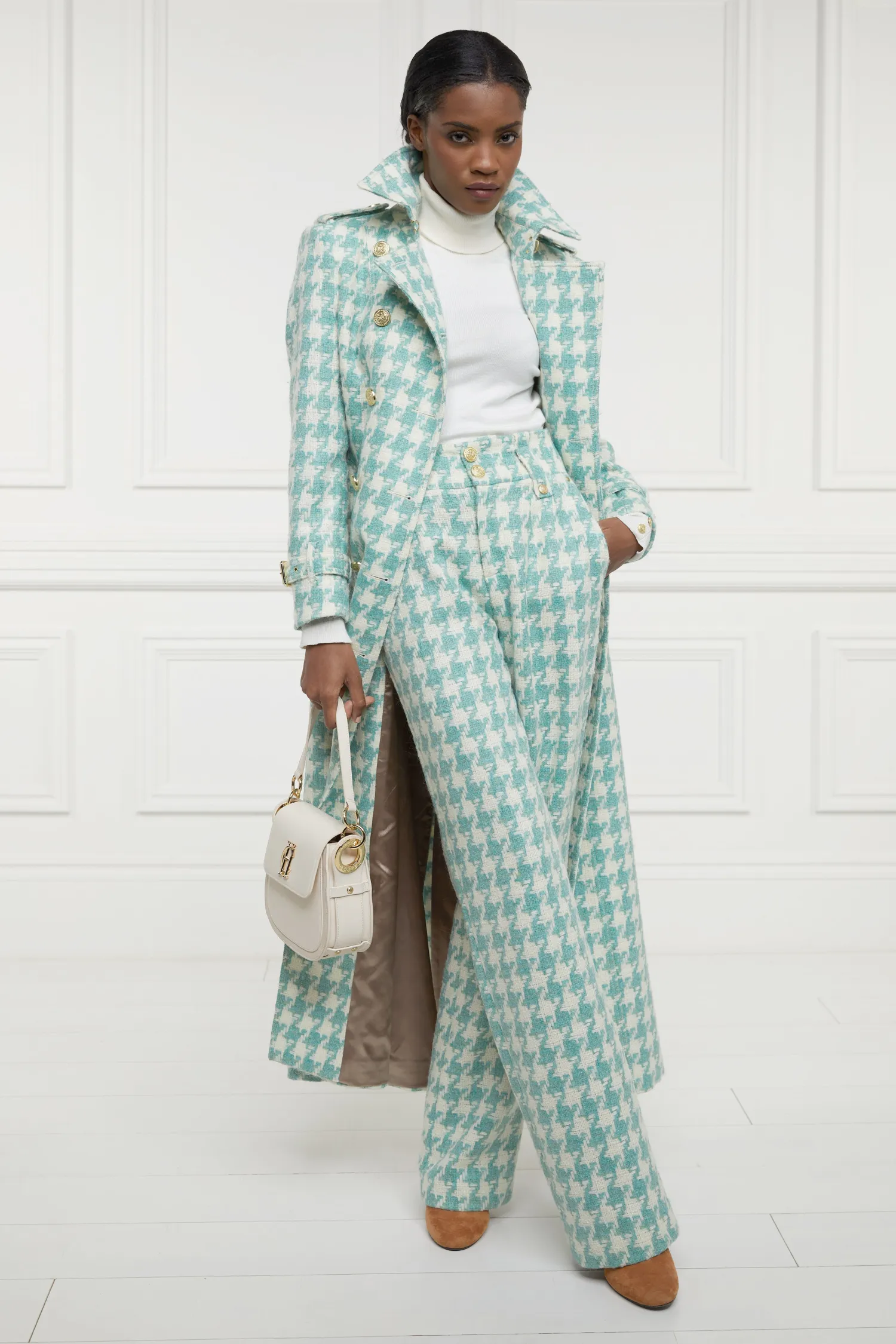 New High Waisted Straight Trouser (Large Scale Teal Houndstooth) Women Trousers|Tailoring