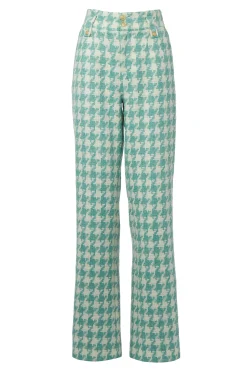 New High Waisted Straight Trouser (Large Scale Teal Houndstooth) Women Trousers|Tailoring