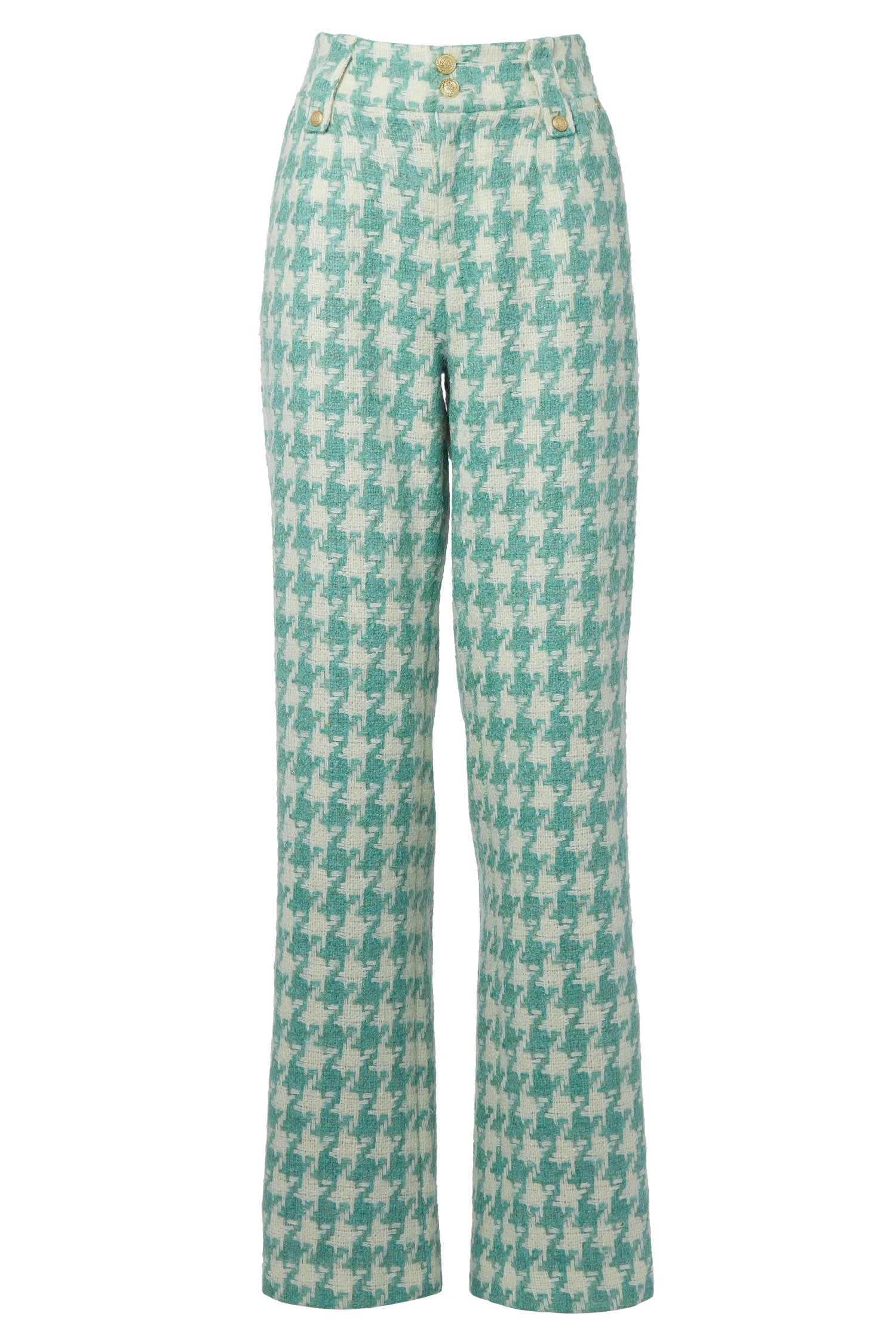 New High Waisted Straight Trouser (Large Scale Teal Houndstooth) Women Trousers|Tailoring