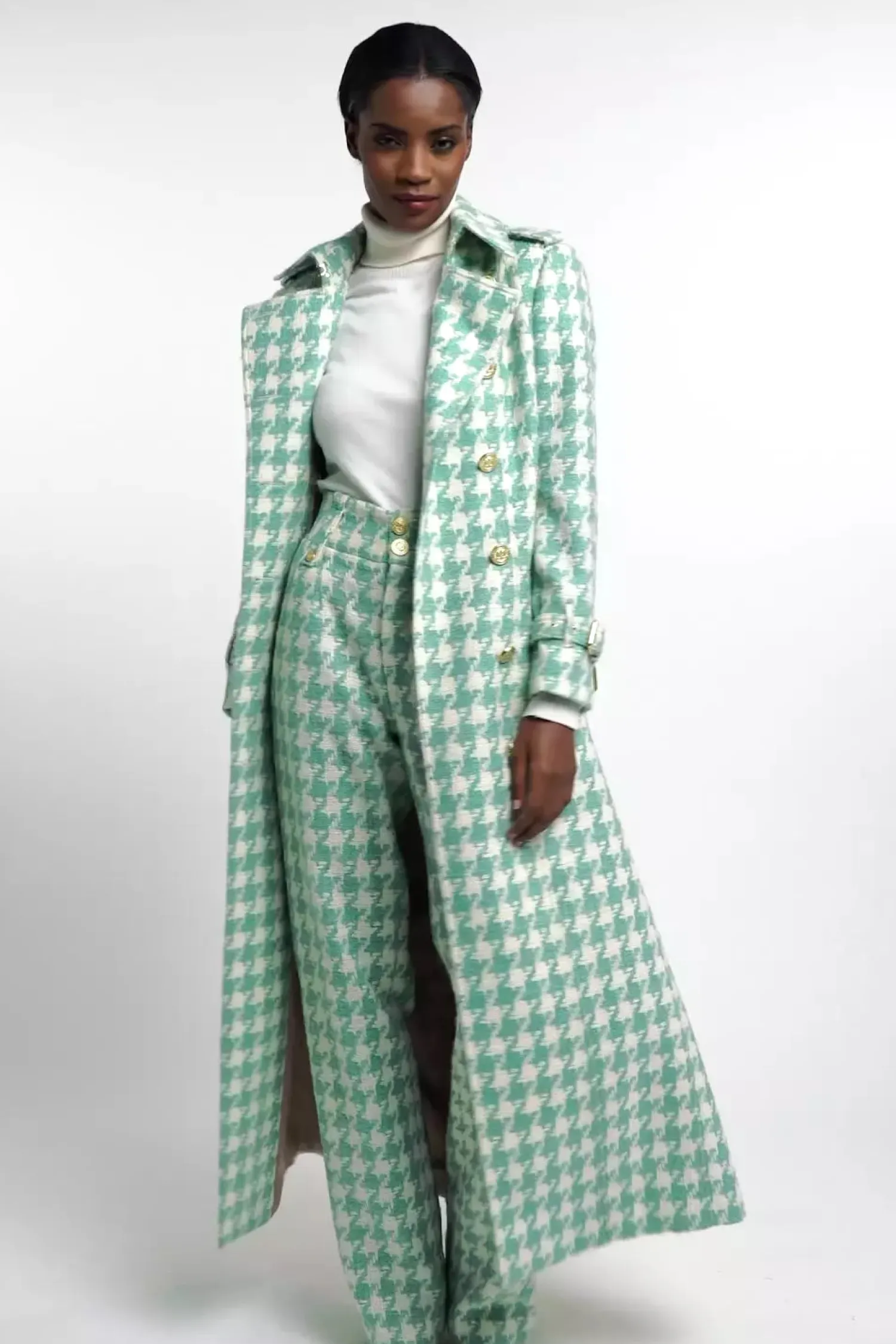 New High Waisted Straight Trouser (Large Scale Teal Houndstooth) Women Trousers|Tailoring