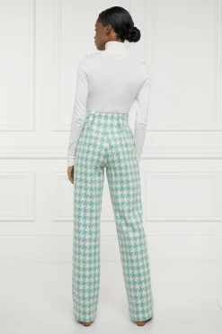 New High Waisted Straight Trouser (Large Scale Teal Houndstooth) Women Trousers|Tailoring