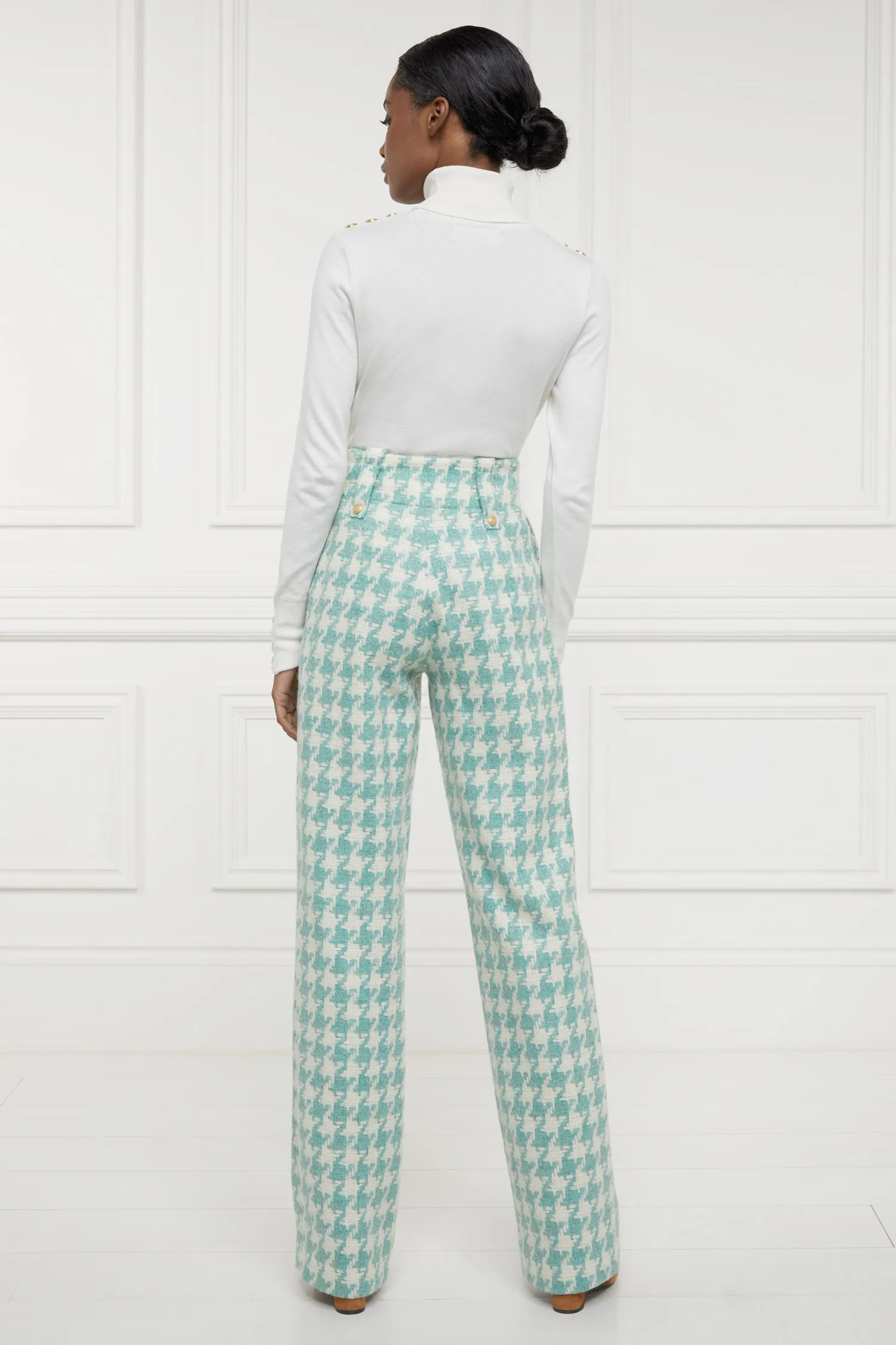 New High Waisted Straight Trouser (Large Scale Teal Houndstooth) Women Trousers|Tailoring