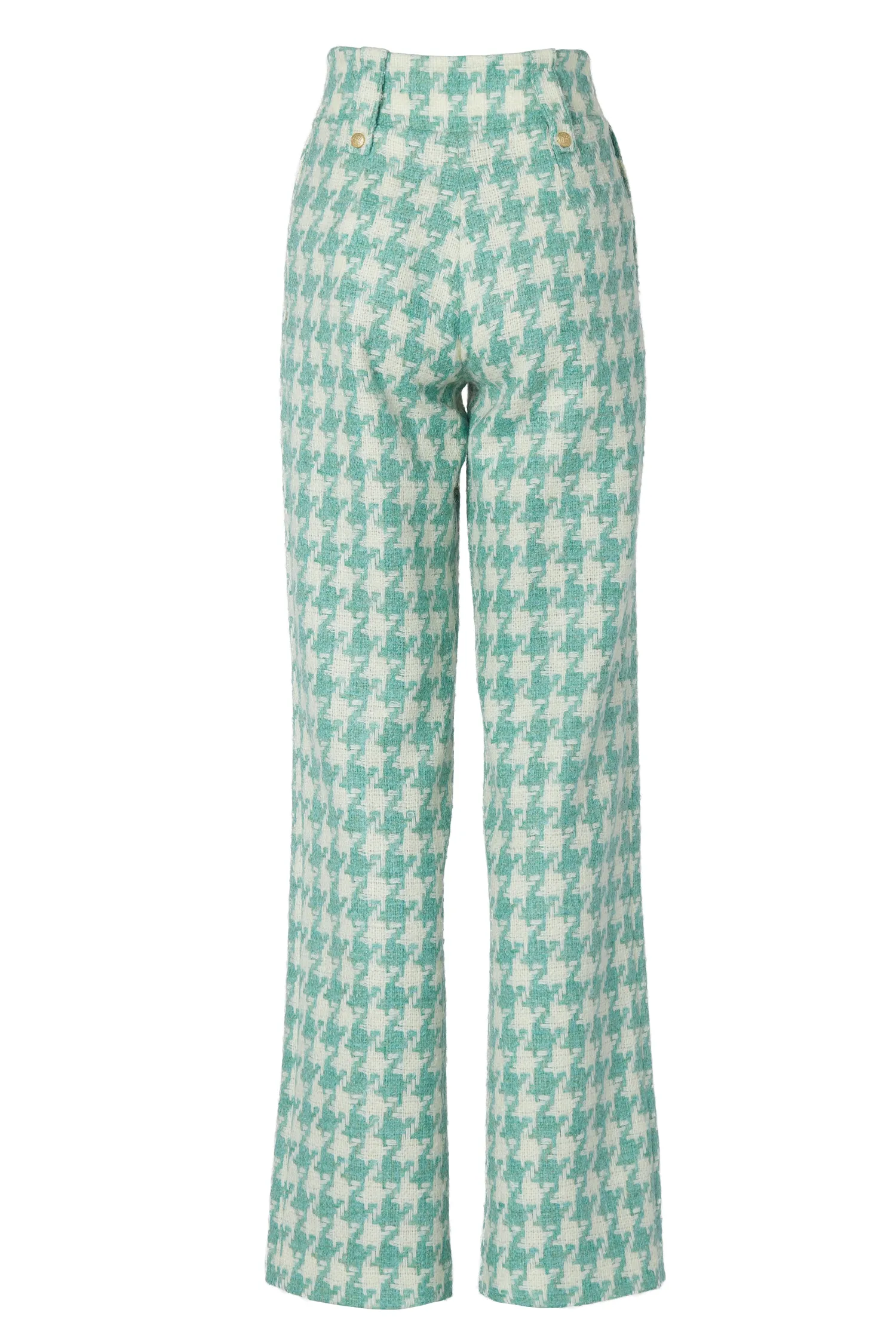 New High Waisted Straight Trouser (Large Scale Teal Houndstooth) Women Trousers|Tailoring