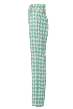 New High Waisted Straight Trouser (Large Scale Teal Houndstooth) Women Trousers|Tailoring