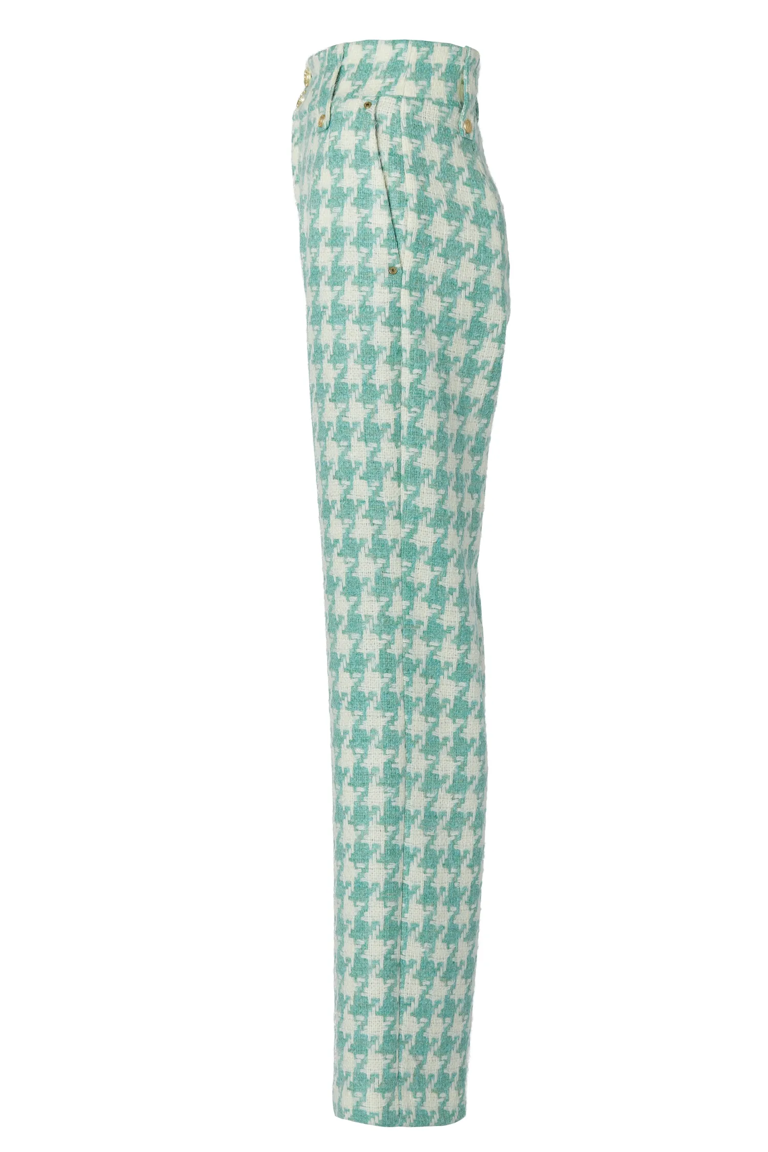 New High Waisted Straight Trouser (Large Scale Teal Houndstooth) Women Trousers|Tailoring