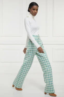 New High Waisted Straight Trouser (Large Scale Teal Houndstooth) Women Trousers|Tailoring