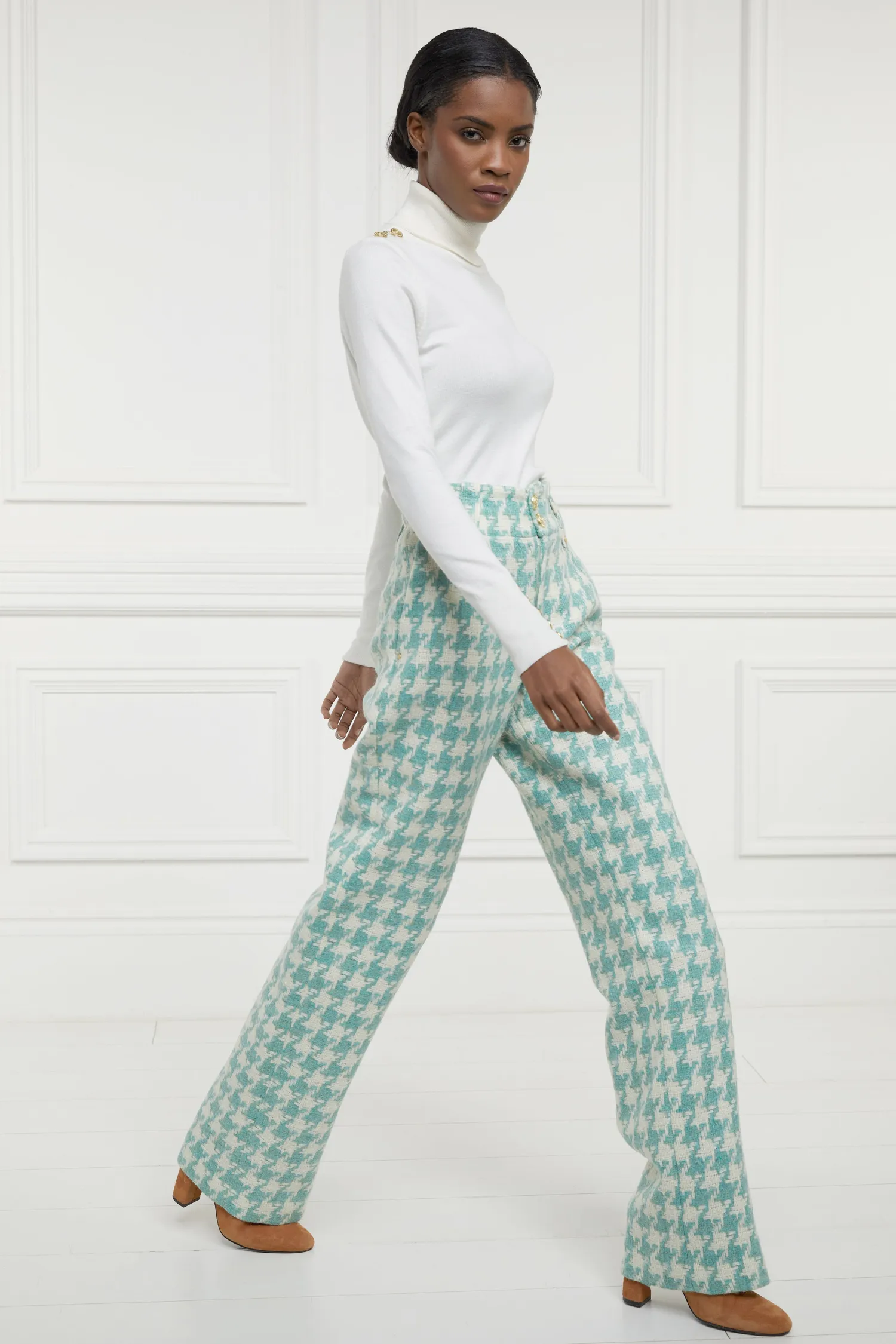 New High Waisted Straight Trouser (Large Scale Teal Houndstooth) Women Trousers|Tailoring