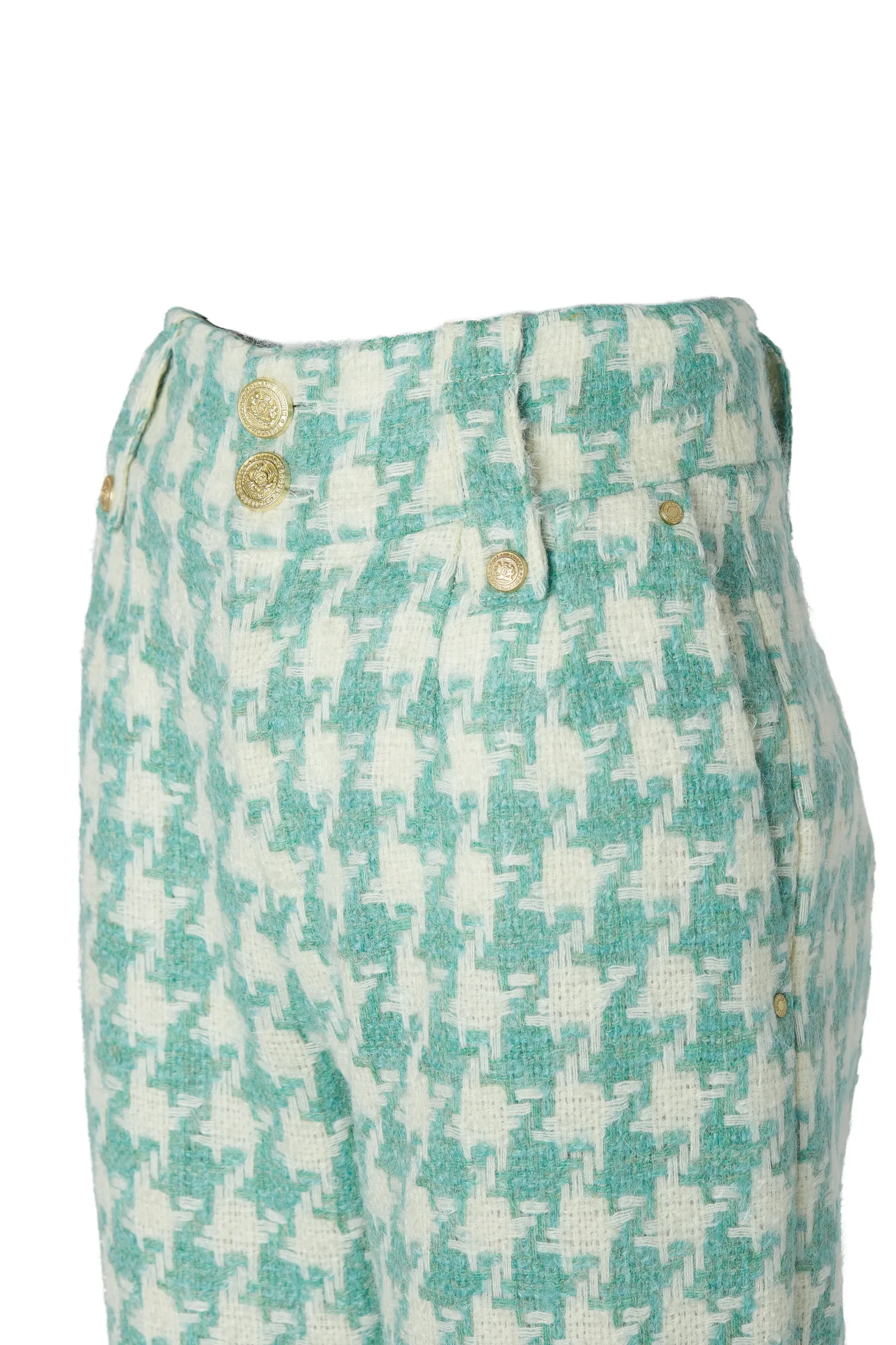 New High Waisted Straight Trouser (Large Scale Teal Houndstooth) Women Trousers|Tailoring
