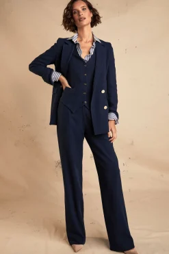 Outlet High Waisted Straight Trouser (Navy Linen) Women Trousers|Tailoring