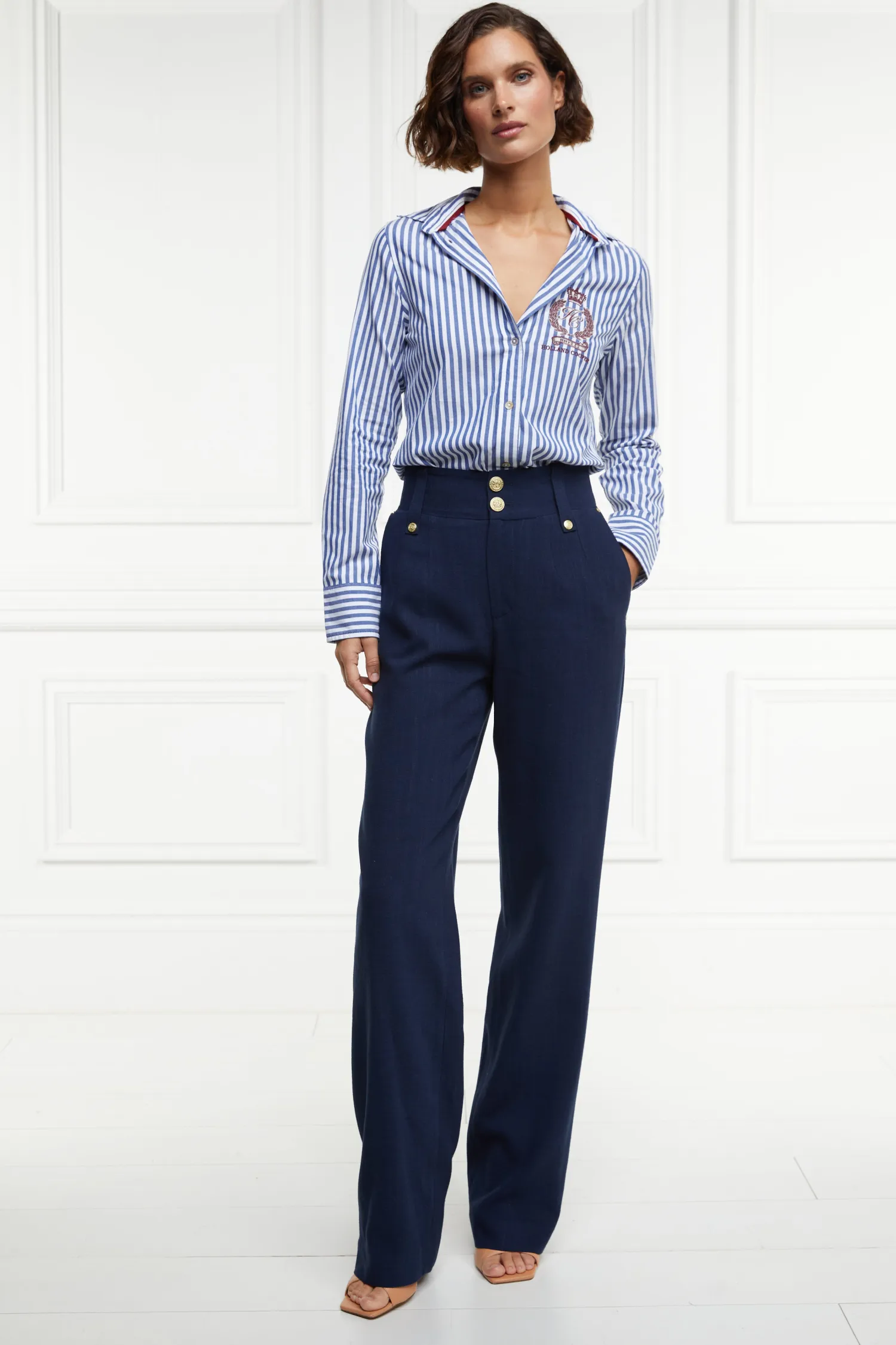 Outlet High Waisted Straight Trouser (Navy Linen) Women Trousers|Tailoring