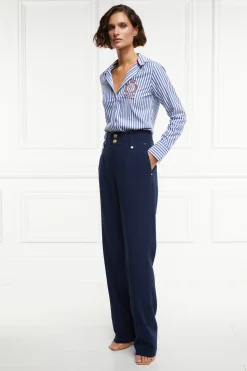 Outlet High Waisted Straight Trouser (Navy Linen) Women Trousers|Tailoring