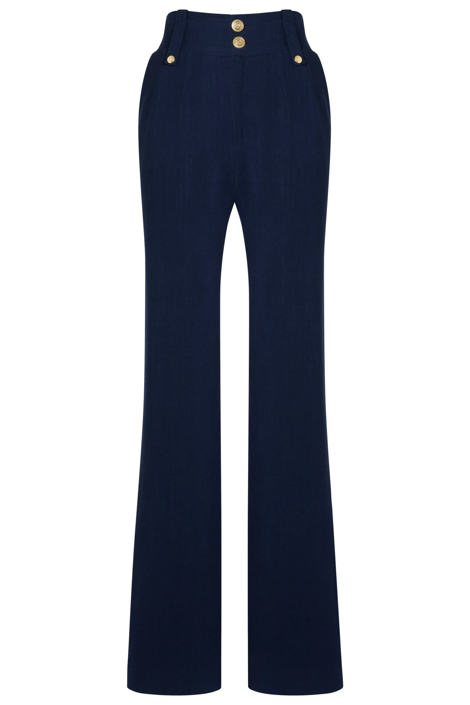Outlet High Waisted Straight Trouser (Navy Linen) Women Trousers|Tailoring
