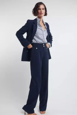 Outlet High Waisted Straight Trouser (Navy Linen) Women Trousers|Tailoring