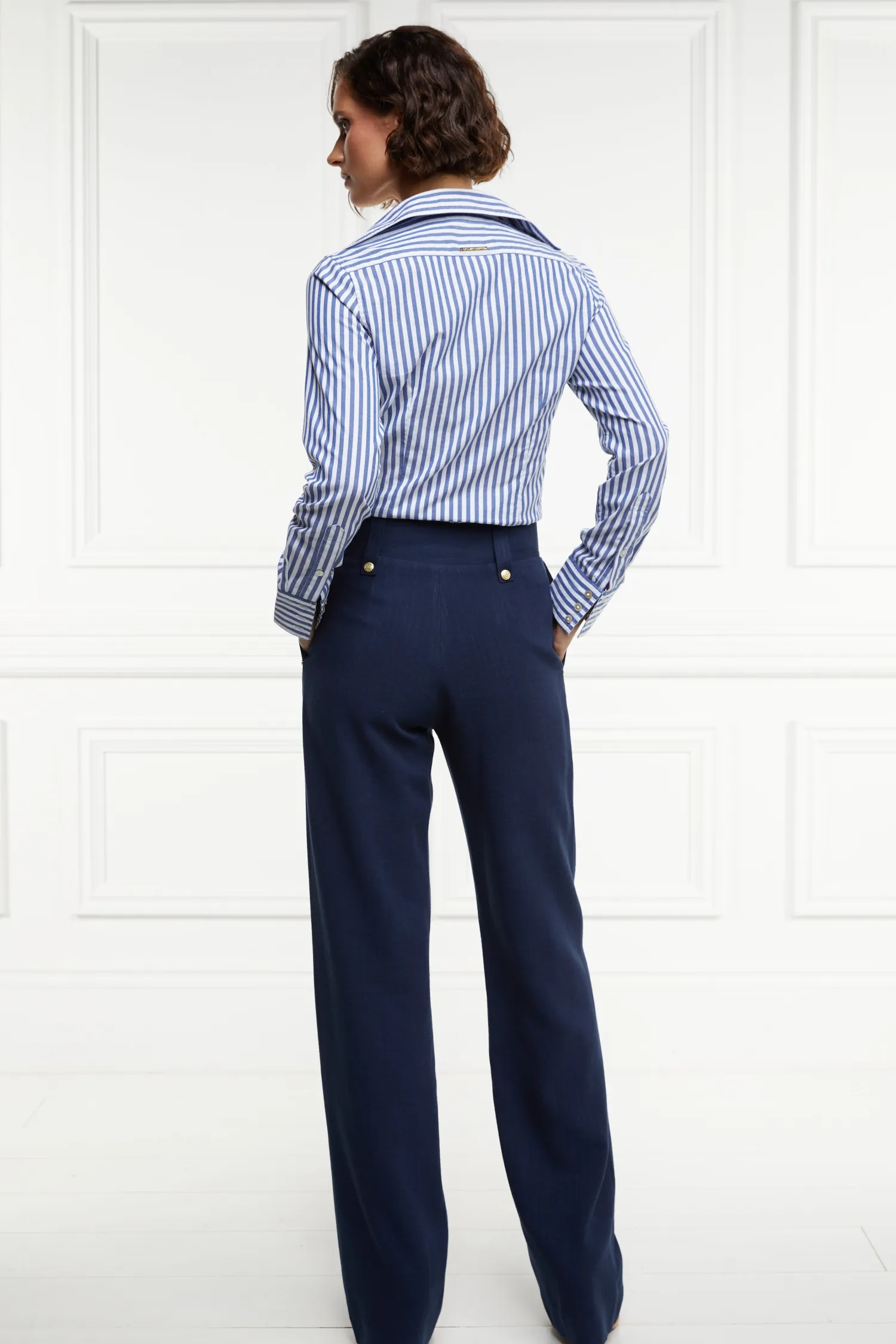 Outlet High Waisted Straight Trouser (Navy Linen) Women Trousers|Tailoring