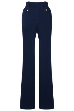 Outlet High Waisted Straight Trouser (Navy Linen) Women Trousers|Tailoring