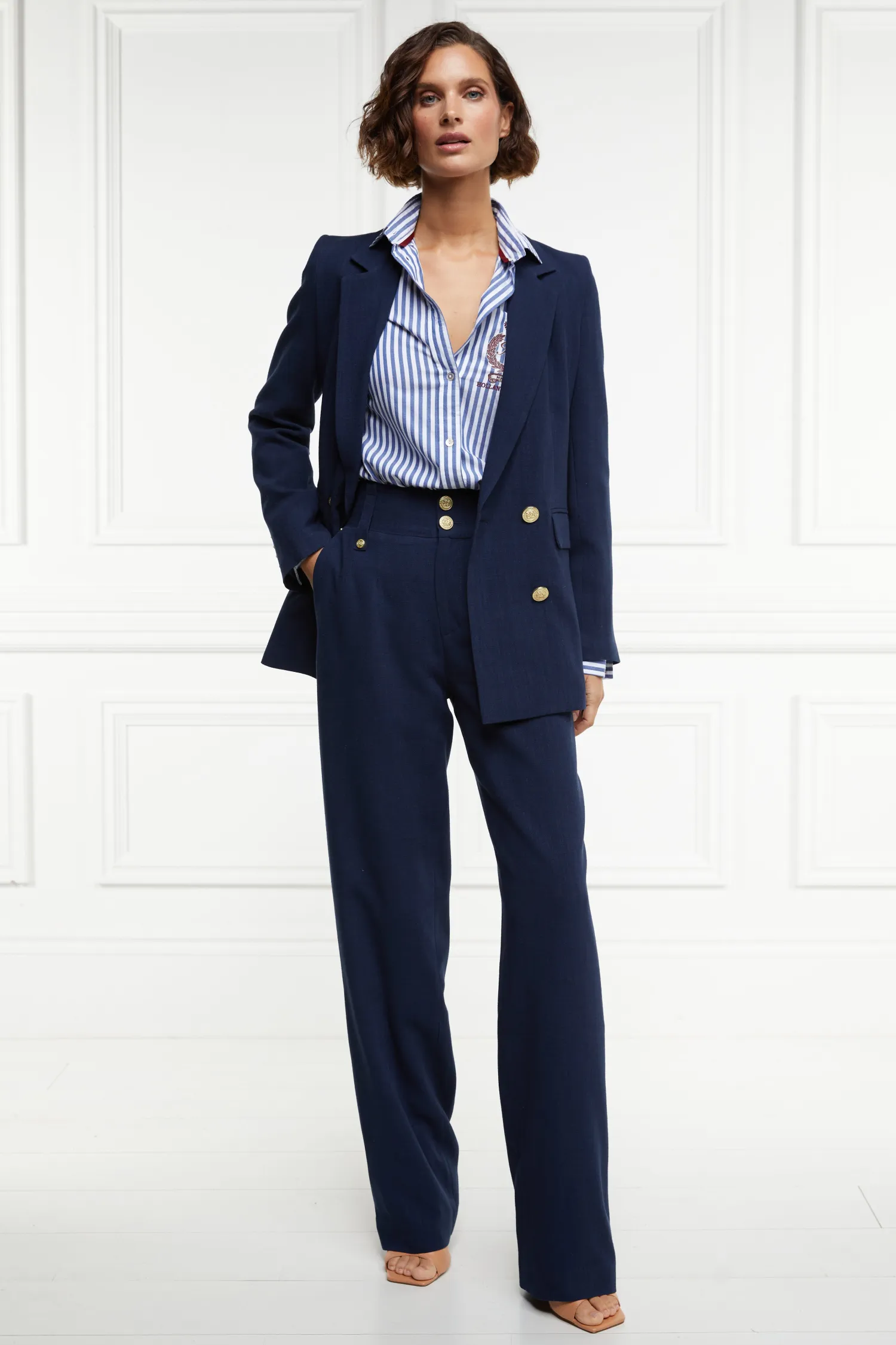 Outlet High Waisted Straight Trouser (Navy Linen) Women Trousers|Tailoring
