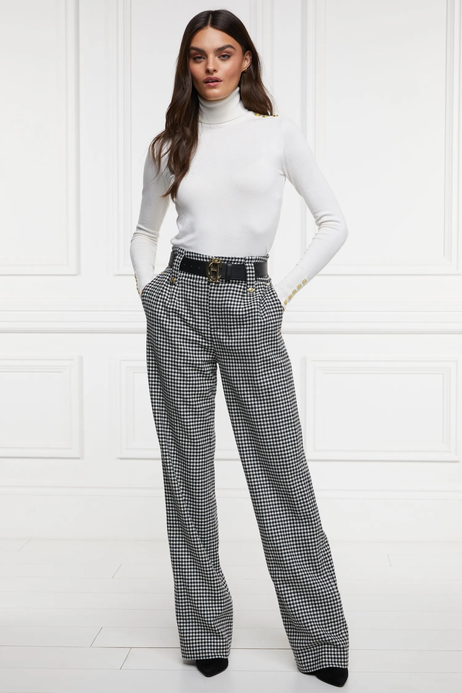 Clearance High Waisted Straight Trouser (Black & White Puppy Tooth) Women Trousers|Tailoring