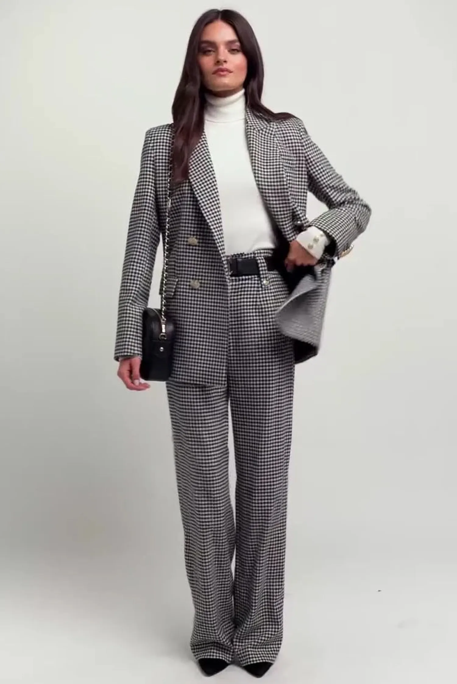 Clearance High Waisted Straight Trouser (Black & White Puppy Tooth) Women Trousers|Tailoring