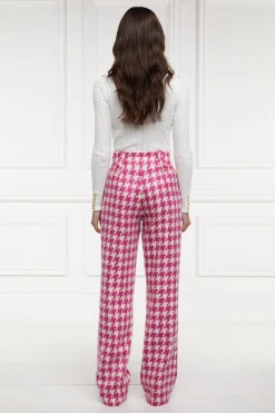 Sale High Waisted Straight Trouser (Hot Pink Large Scale Houndstooth) Women Trousers|Tailoring