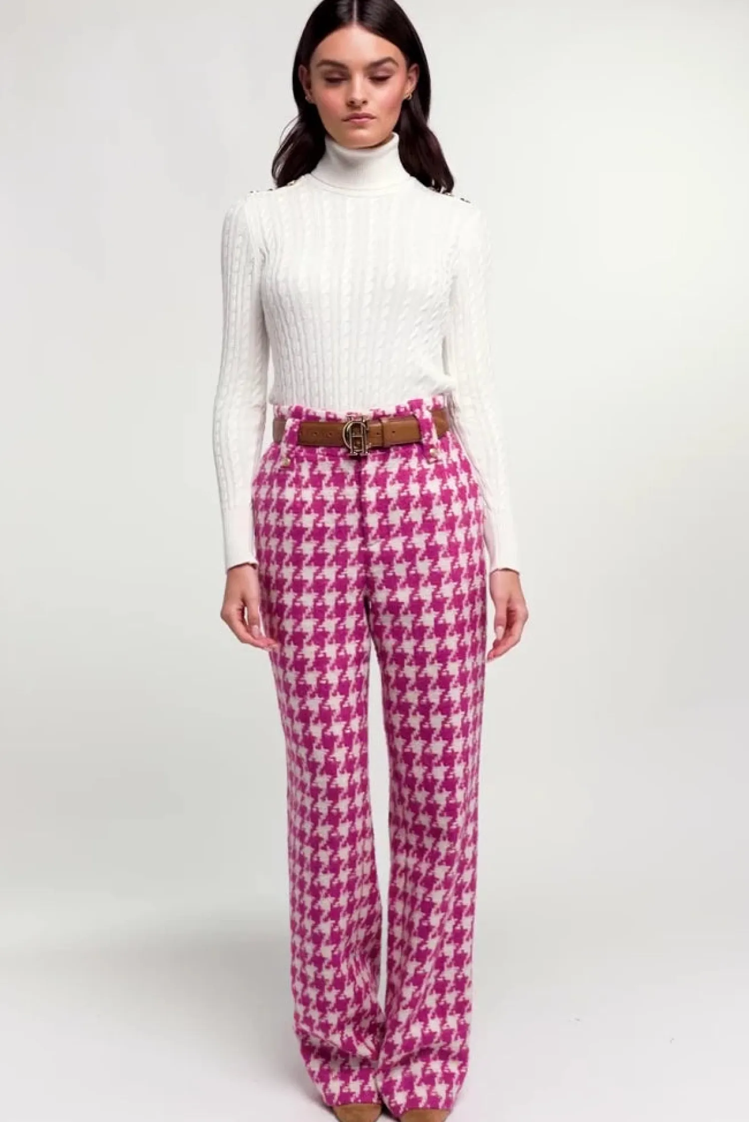 Sale High Waisted Straight Trouser (Hot Pink Large Scale Houndstooth) Women Trousers|Tailoring