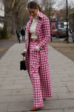 Sale High Waisted Straight Trouser (Hot Pink Large Scale Houndstooth) Women Trousers|Tailoring