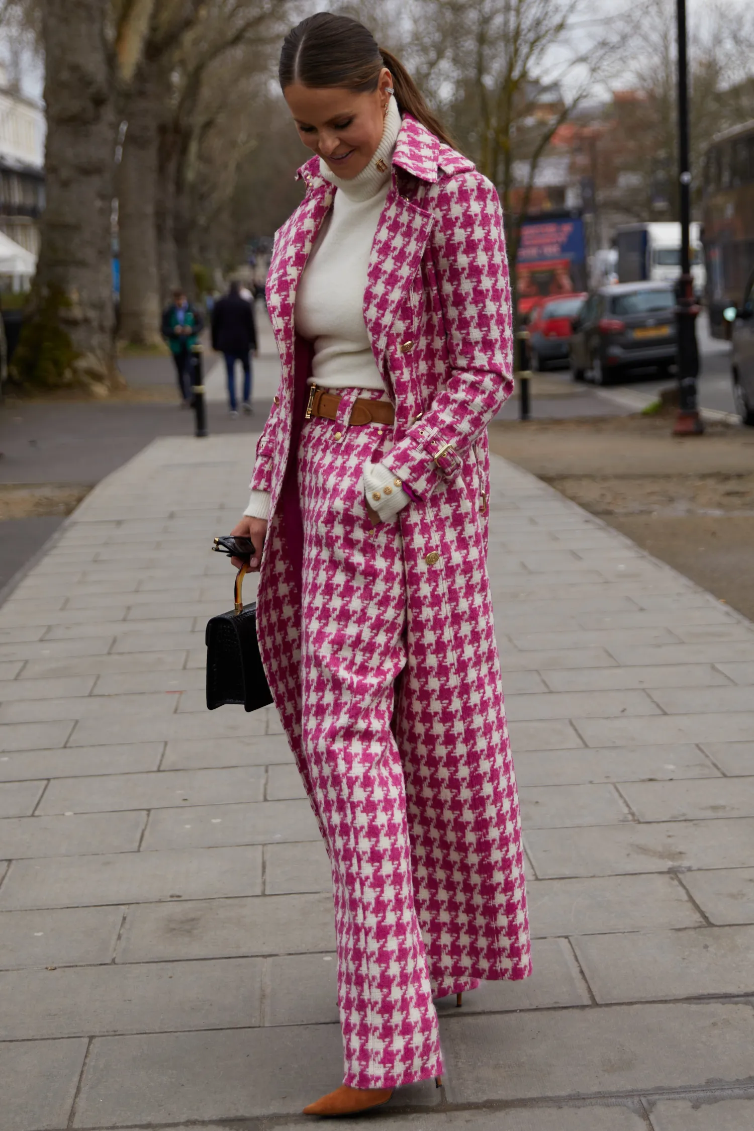 Sale High Waisted Straight Trouser (Hot Pink Large Scale Houndstooth) Women Trousers|Tailoring