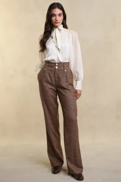 Best High Waisted Straight Trouser (Clarence Check Merlot) Women Trousers|Tailoring