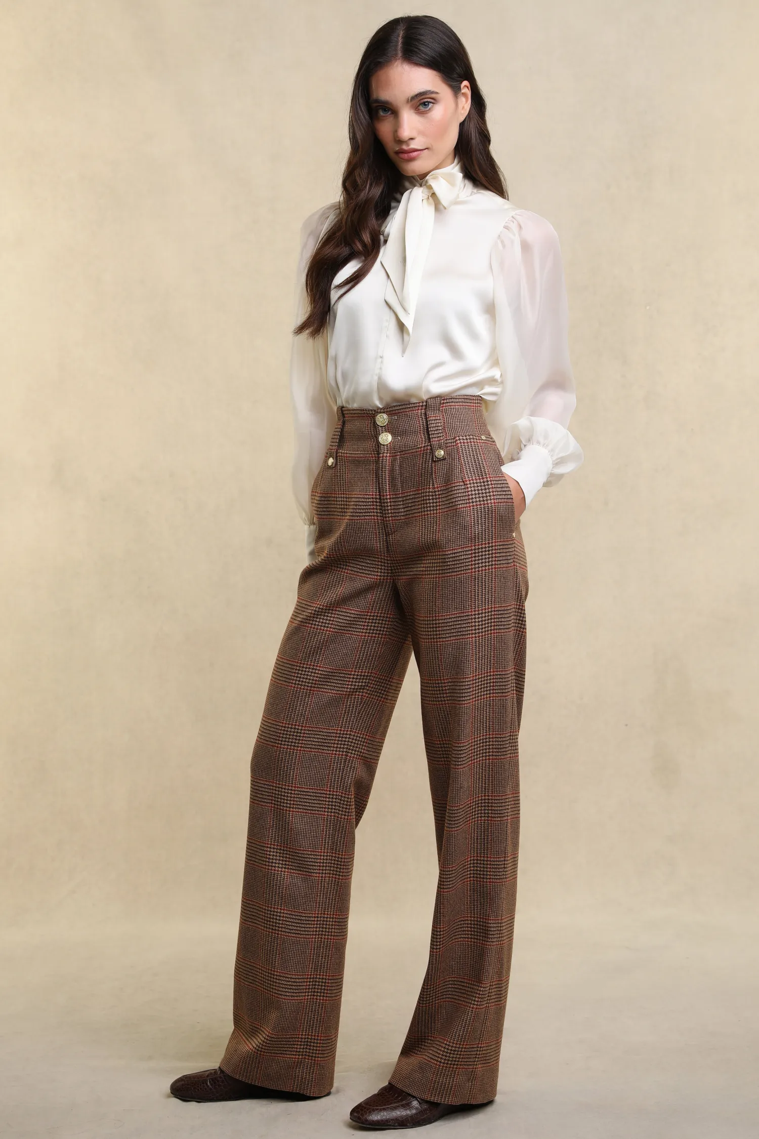 Best High Waisted Straight Trouser (Clarence Check Merlot) Women Trousers|Tailoring