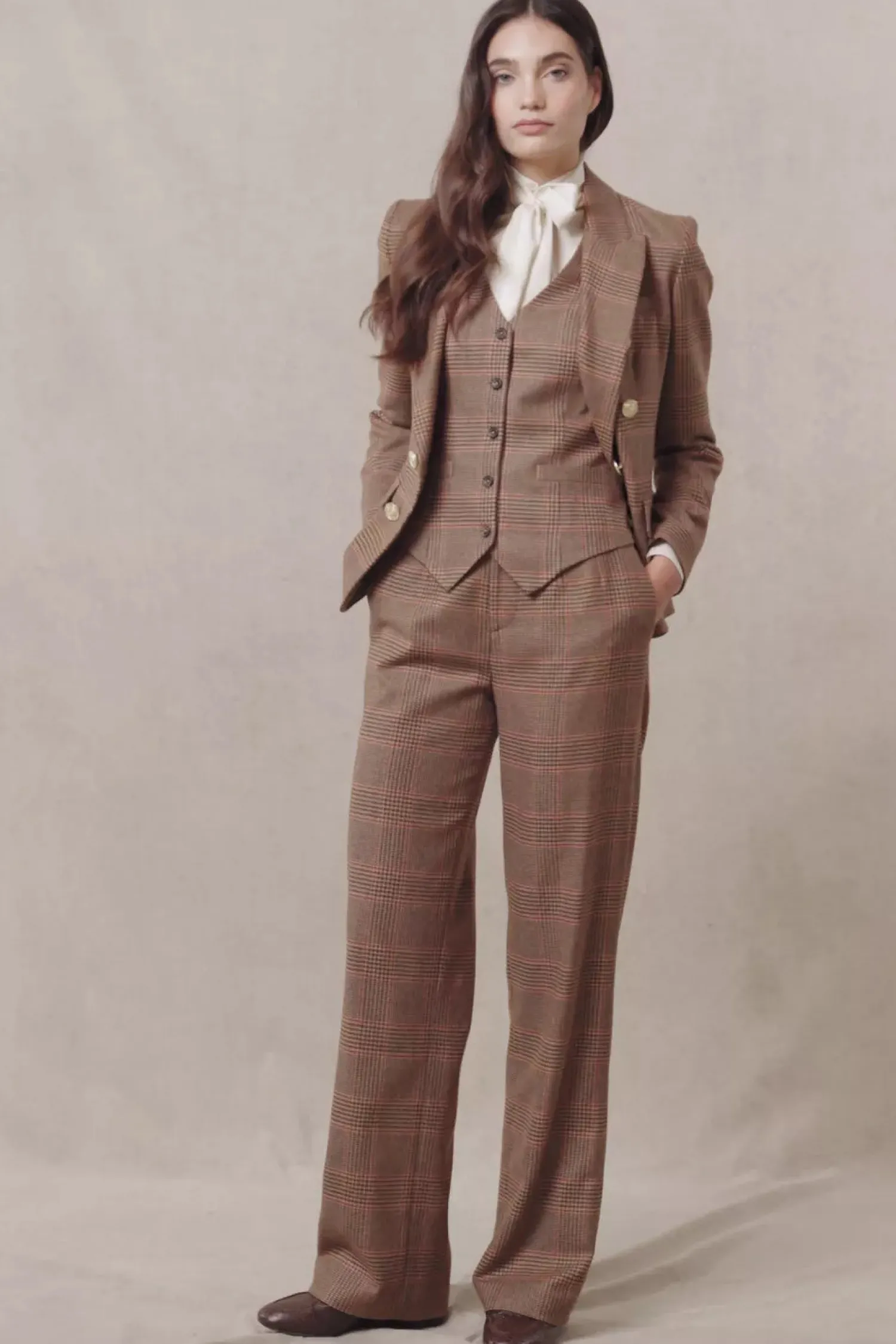 Best High Waisted Straight Trouser (Clarence Check Merlot) Women Trousers|Tailoring