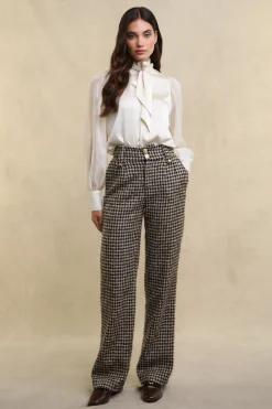 Clearance High Waisted Straight Trouser (Coffee Houndstooth) Women Trousers|Tailoring