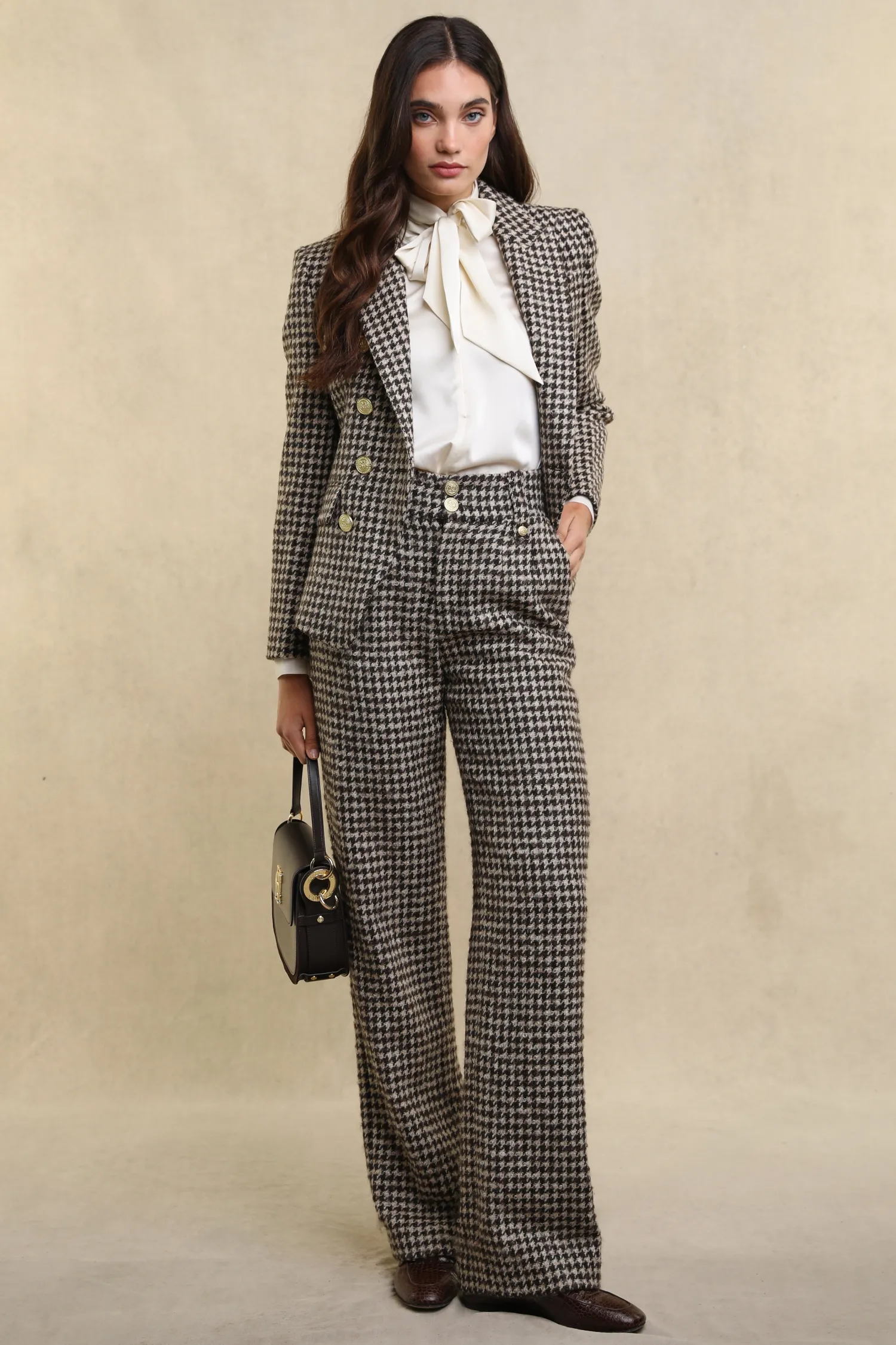 Clearance High Waisted Straight Trouser (Coffee Houndstooth) Women Trousers|Tailoring