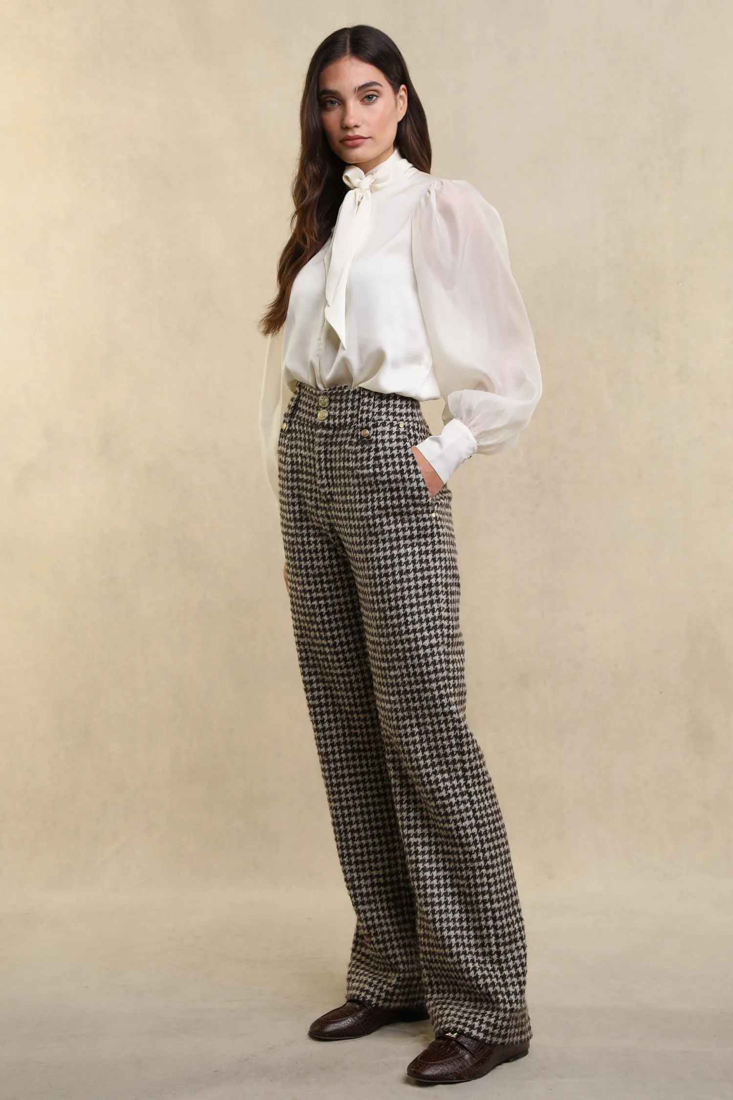 Clearance High Waisted Straight Trouser (Coffee Houndstooth) Women Trousers|Tailoring