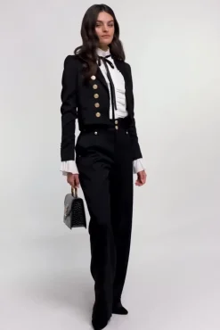 Fashion High Waisted Straight Trouser (Black Barathea) Women Trousers|Tailoring