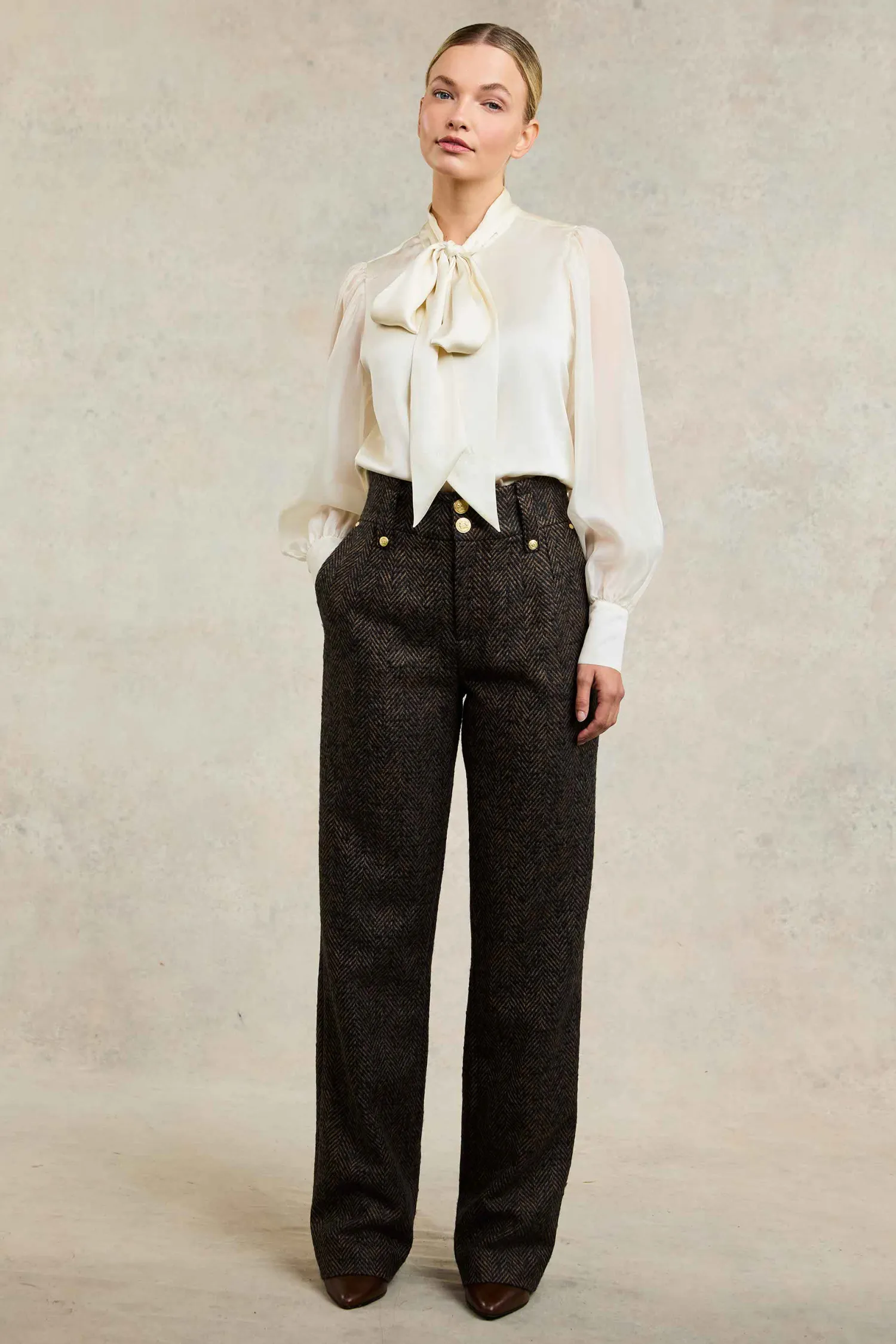 Best High Waisted Straight Trouser (Walnut Herringbone) Women Trousers|Tailoring
